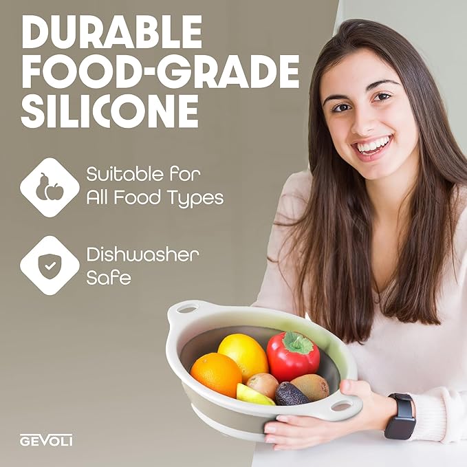 Gevoli Collapsible Colanders (3 Pack Set) Food Strainers with Over-Sink Water Draining Base for Pasta Fruits and Vegetables, White/Beige (3 Sizes, 3QT, 4QT and 5 Quart) - Image 6
