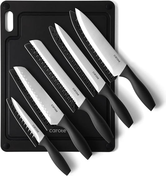 CAROTE Knife Set, 11 Pcs Kitchen Knives with 5 Blade Guards & Non-Slip Cutting Board, Rustproof Stainless Steel 5 Kitchen Knife Set, Plain Black by CAROTE