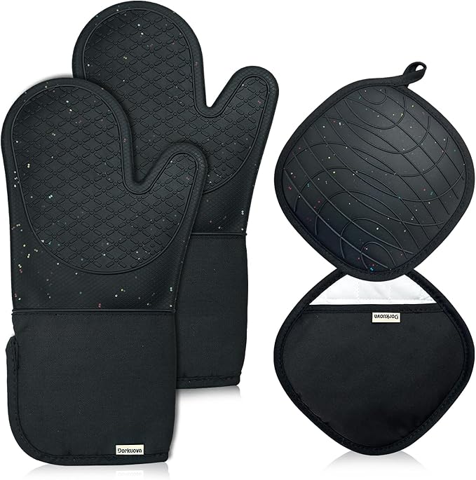Oven Glove Cute,Cooking Mittens,Oven Mittens for Kitchen,Oven Gloves for Kitchen,Washable Silicone Oven Mitts Heat Resistant 500°F, Potholders for Kitchens Cooking Baking(Black by Dorkuovahome