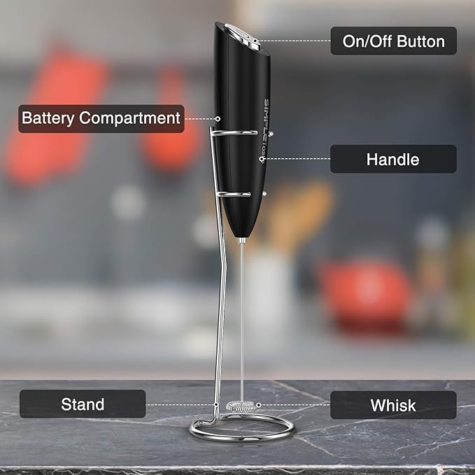 SIMPLETASTE Milk Frother Handheld Electric Foam Maker, Drink Mixer with Stainless Steel Whisk for Cappuccino, Bulletproof Coffee, Latte, Black, with Stand, Battery Operated - Image 6