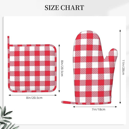 Red and White Checkered Oven Mitts and Pot Holders Set, 4pcs Red and White Plaid Silicone Oven Glove for Kitchen Heat Resistant Oven Mitts and Potholders Non-Slip for Cooking