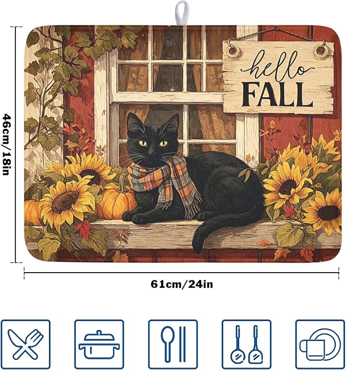 Fall Dish Drying Mat for Kitchen Counter Vintage Autumn Cat Sunflower Pumpkin Microfiber Dish Drainer Mat Rustic Farmhouse Absorbent Washable Drying Pad Extra Large 18"x24"