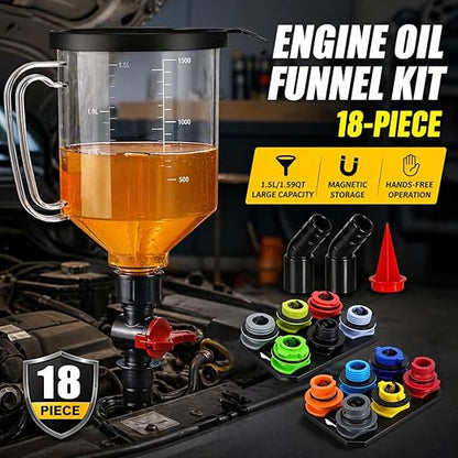 STONESTAR Engine Oil Funnel Kit, 18-Piece No Spill Oil Funnel Set with 12 Adapters, 1.59QT, Hands-Free, Magnetic Storage, for Oil Change, Fits GM Ford BMW Audi Toyota Honda