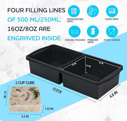 ZIP STANDING Silicone Freezer Trays with Lid,2-cup Soup Freezer Container large Ice Cube Molds with Reinforced Steel Ring Top for freezing Soup Sauce Broth Leftovers oven Dishwasher -Safe (black)
