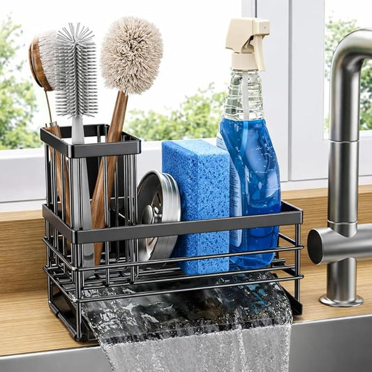 Cisily Sink Caddy Sponge Holder for Kitchen with Brush Holder and Stainless Steel Self Drain Tray, Rustproof Kitchen Sink Organizer for Sponge, Soap Dispenser Storage Accessories (Black) by CISILYHOMELIFE