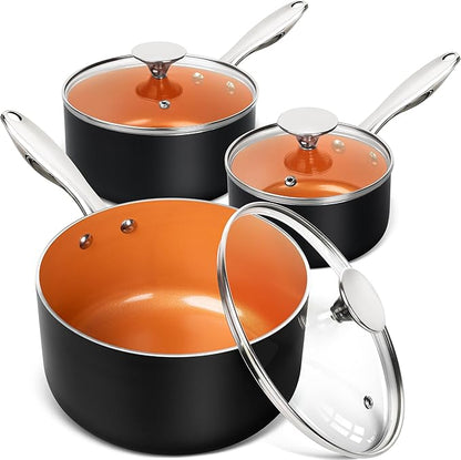 MICHELANGELO Sauce Pan Set, Ultra Nonstick Saucepan Set of 3, Ceramic Saucepans with Lids, 1 Qt & 2 Qt & 3 Qt Small Pot Set, Copper Sauce Pan with Lid by Michelangelo