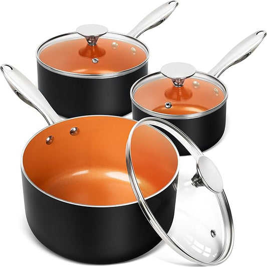 MICHELANGELO Sauce Pan Set, Ultra Nonstick Saucepan Set of 3, Ceramic Saucepans with Lids, 1 Qt & 2 Qt & 3 Qt Small Pot Set, Copper Sauce Pan with Lid by Michelangelo