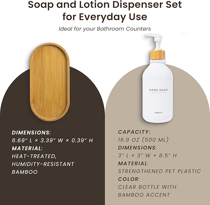 MaisoNovo Soap Dispenser Bathroom Set of 2-16.9 oz Bathroom Soap Dispenser Set - White Plastic Bottles x 2 with White Bamboo Pumps & Tray