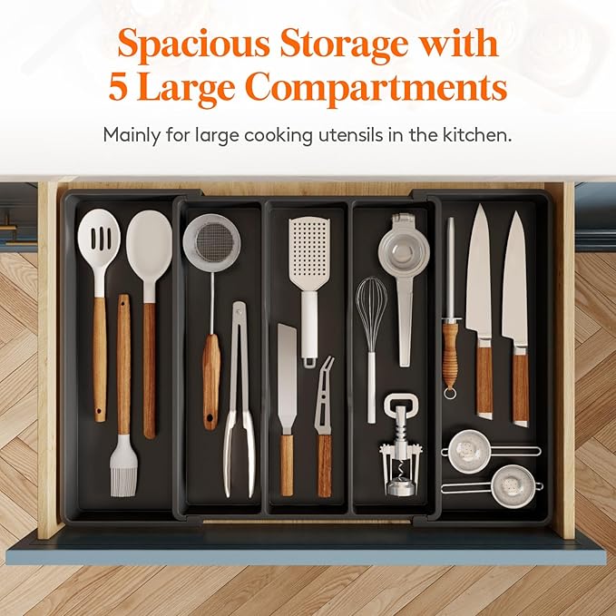 Lifewit Utensil Organizer for Kitchen Drawers, Expandable Cooking Utensil Tray, Adjustable Cutlery Silverware Flatware Holder, Plastic Spatula Tools Storage Divider, 16- 28 x 18.5", Black - Image 4