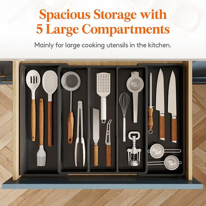 Lifewit Utensil Organizer for Kitchen Drawers, Expandable Cooking Utensil Tray, Adjustable Cutlery Silverware Flatware Holder, Plastic Spatula Tools Storage Divider, 16- 28 x 18.5", Black - Image 4