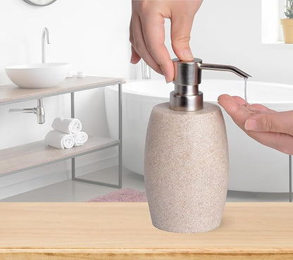 Clasin Home Sandstone Textured Resin Soap Dispenser with Metallic Pump and Waterproof Bottle Labels for Bathroom Kitchen Dish Hand Wash Shower Lotion Shampoo, 12 Oz, Beige