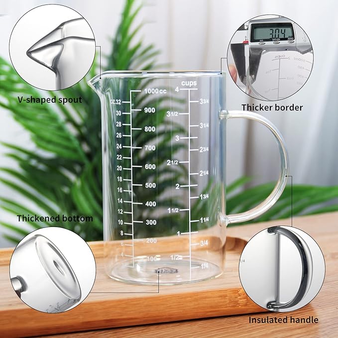 77L Glass Measuring Cup, [Insulated handle, V-Shaped Spout], High Borosilicate Glass Measuring Cup for Kitchen or Restaurant, Easy To Read, 1000 ML (1 Liter, 4 Cup) - Image 6