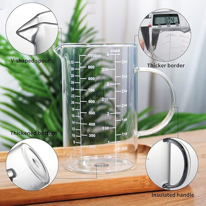 77L Glass Measuring Cup, [Insulated handle, V-Shaped Spout], High Borosilicate Glass Measuring Cup for Kitchen or Restaurant, Easy To Read, 1000 ML (1 Liter, 4 Cup) - Image 6