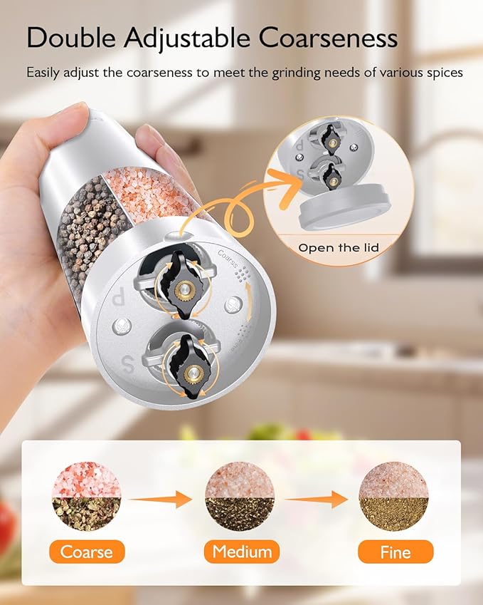 Electric Salt and Pepper Grinder Set, 2 in 1 Dual Bins USB Rechargeable Refillable Automatic Salt and Pepper Mill Shaker with LED Light, Dual Ceramic Grinder Adjustable Coarseness, kitchen gift, white - Image 3