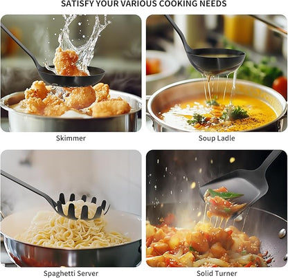 304 Stainless Steel Cooking Utensils Set, 8PCS Kitchen Utensils Set, Include Skimmer, Soup Ladle, Spaghetti Server, Wok Spatula, Slotted Spoon, Solid Spoon, Slotted Spatula Turner & Meat Fork, Black - Image 5