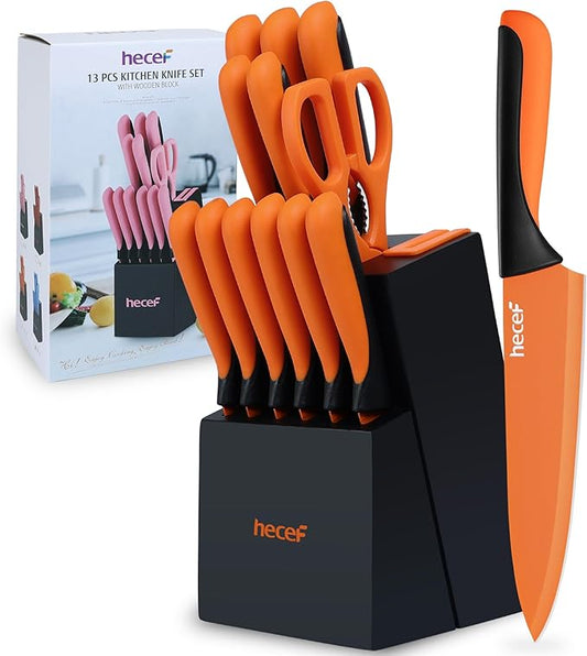 hecef 14 Pieces Kitchen Knife Set with Built-in Sharpening Wooden Block, Dishwasher Safe, High Carbon Stainless Steel Knife Block Set with Steak Knives, Kitchen Scissors (Orange)