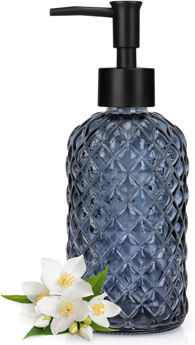Topsky Gem Glass Soap Dispenser with Black Plastic Pump, 13oz Liquid Hand Soap Dispenser, Rustproof Pump for Kitchen & Bathroom, Great for Lotions, Essential Oil, Liquid Soaps-Grayish Blue by HomeandKitchenNO1