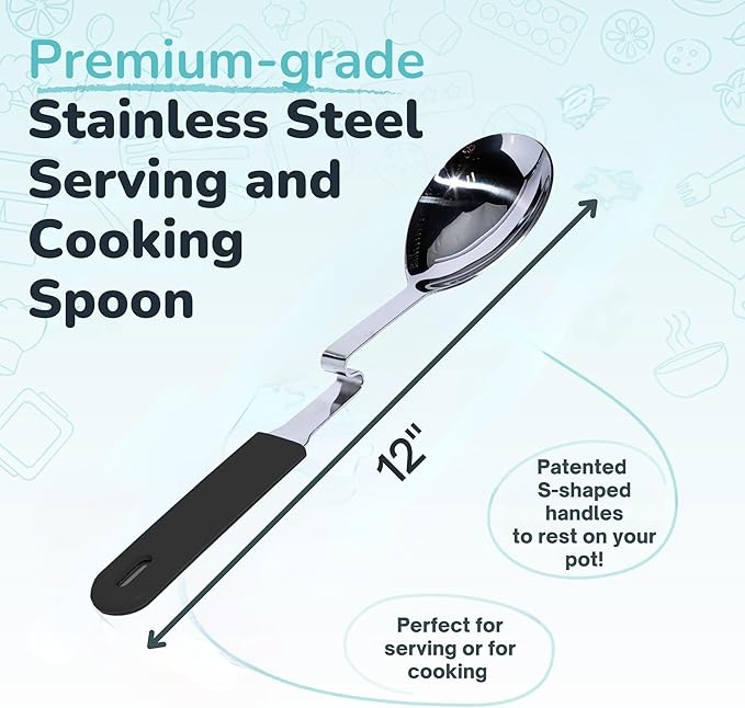 Souper Cubes + Lori Greiner No Mess Stainless Steel Cooking Spoon with Silicone Handle - Stainless Steel Serving Spoon No Mess Design Hooks on Side of Any Pot - Charcoal - Image 4