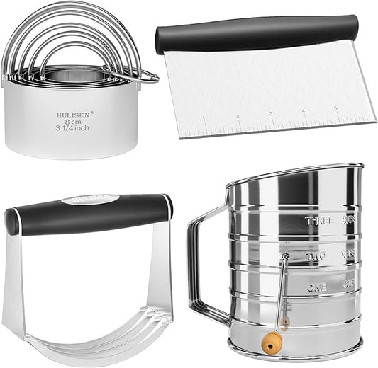 HULISEN Pastry Cutter, Dough Blender, 3 Cup Flour Sifter and Biscuit Cutter, Stainless Steel Dough Cutter, Professional Baking Dough Tools for Cooking Cookies and Donuts(4 Pcs/Set) by HULISEN