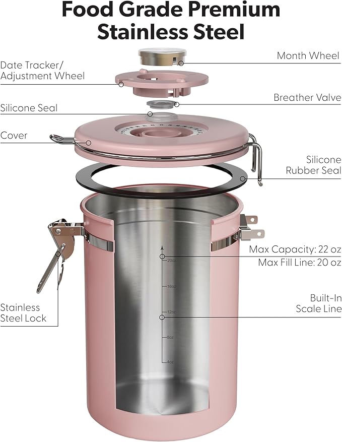 Veken Coffee Canister with Window, Airtight Stainless Steel Kitchen Food Storage Container with Lids, Date Tracker and Scoop for Grounds Coffee, Beans, Tea, Flour, Cereal, Sugar Jars, 22OZ, Pink - Image 7