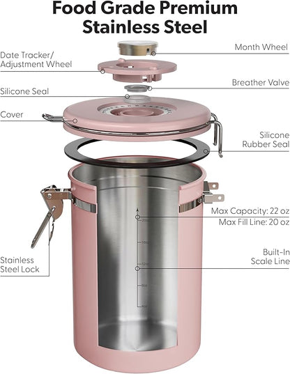 Veken Coffee Canister with Window, Airtight Stainless Steel Kitchen Food Storage Container with Lids, Date Tracker and Scoop for Grounds Coffee, Beans, Tea, Flour, Cereal, Sugar Jars, 22OZ, Pink - Image 7
