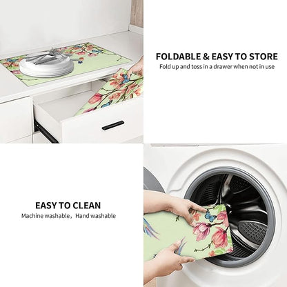 Bird Floral Flowers Dish Drying Mat for Kitchen Counter, 18"x24" Microfiber Absorbent Fast Dry Mat, 2Pcs Dish Mat Faucet Mats Sets, Large Drying Kitchen Mat Kitchen Drying Pad Coffee Bar Decor Gifts