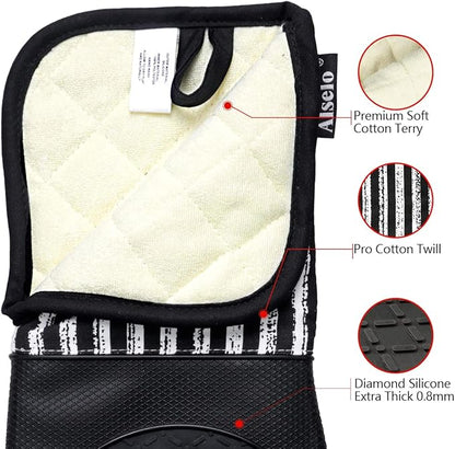 Alselo Silicone Oven Mitts Heat Resistant 932℉ with Waterproof & Non-Slip Kitchen Mittens, Set of 2 Extra Long Oven Gloves with Soft Cotton Terry Lining for Baking Cooking Barbecue (2, Black Mitts) - Image 5