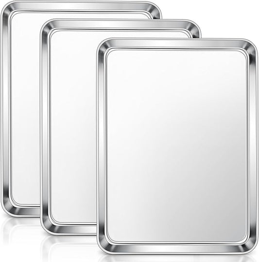 E-far Baking Sheets Set of 3, 16” x12” x 1” Stainless Steel Cookie Sheets Pans for Oven, Non-toxic Metal Trays for Baking Cake Cookie, Healthy & Rust Free, Mirror Finish & Dishwasher Safe by E-far