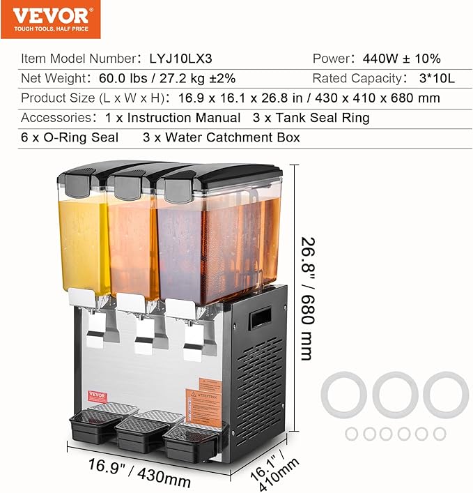 VEVOR Commercial Beverage Dispenser, 3 Tanks 10 L / 10.6 QT Per Tank Juice Dispenser, 440W Stainless Steel Ice Tea Drink Machine with 45°F-54°F Cooling Temperature, for Cold Drink Restaurant Bar Party - Image 7