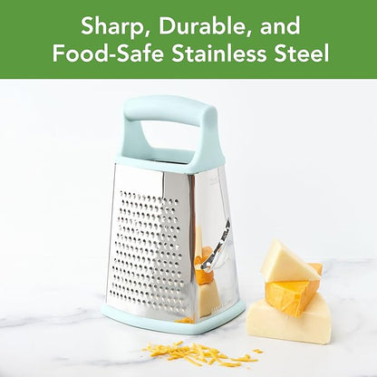 Tovolo Box Grater 4 Sided Large Stainless Steel Cheese Grater for Shredding Vegetables and Zesting, Easy to Clean Dishwasher Safe Box Grater with Ergonomic Handle and Non Slip Base, Blue Haze