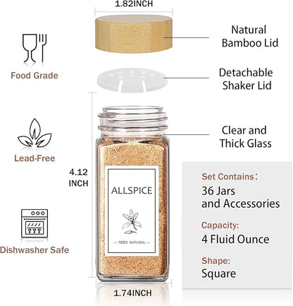 Aliggbent Spice Jars with Lable, 36 Pcs 4 oz Glass Spice Jars with Bamboo Lids, Spice Containers Bottles, Glass Seasoning Jars with Shaker Lids, Collapsible Funnel, for Spice Racks, Pantry,Cupboard - Image 2