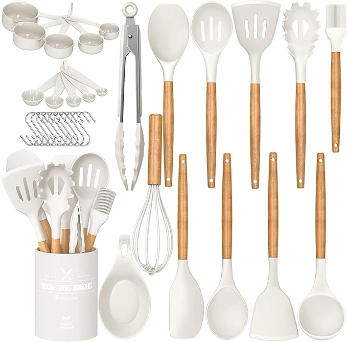 Umite Chef Kitchen Cooking Utensils Set, 33 pcs Non-stick Silicone Cooking Kitchen Utensils Spatula Set with Holder, Wooden Handle Silicone Kitchen Gadgets Utensil Set (Cream White) by UmiteChef