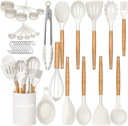 Umite Chef Kitchen Cooking Utensils Set, 33 pcs Non-stick Silicone Cooking Kitchen Utensils Spatula Set with Holder, Wooden Handle Silicone Kitchen Gadgets Utensil Set (Cream White) by UmiteChef