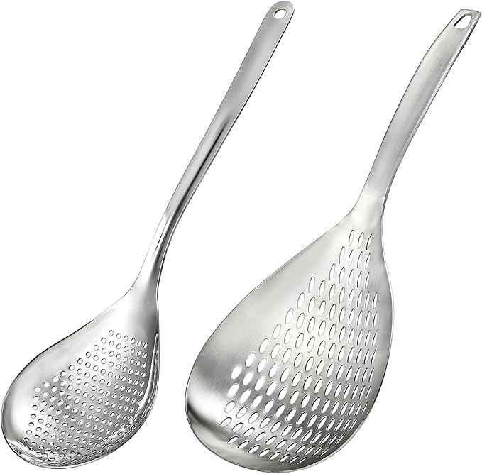 2 Pack Skimmer Slotted Spoon, 13.6 Inch Large Stainless Steel Skimmer Ladle Spoon Spider Strainer with Handle and Hanging Holes, Fryer Scoop Kitchen Colander for Cooking, Draining and Frying