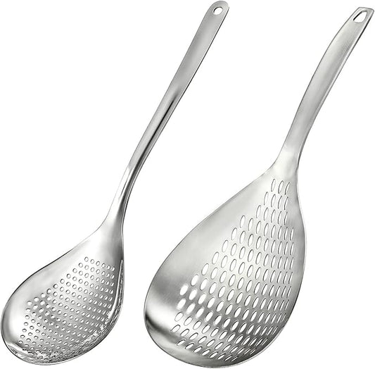 2 Pack Skimmer Slotted Spoon, 13.6 Inch Large Stainless Steel Skimmer Ladle Spoon Spider Strainer with Handle and Hanging Holes, Fryer Scoop Kitchen Colander for Cooking, Draining and Frying