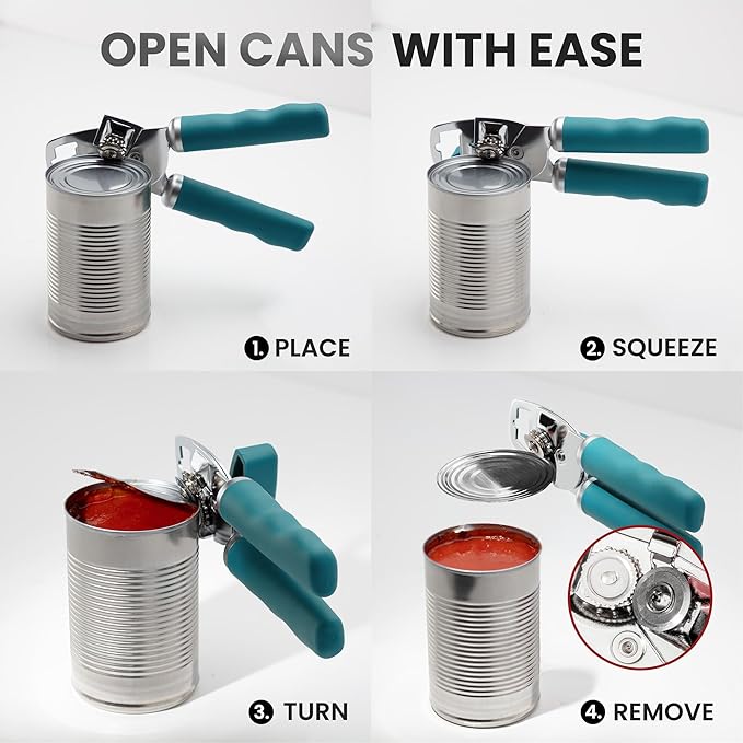 Zulay Kitchen Heavy Duty Stainless Steel Can Opener Manual with Bottle Opener - Rust Proof Manual Can Opener With Turn Knob & Comfy Soft Grip Handles - Emerald - Image 6