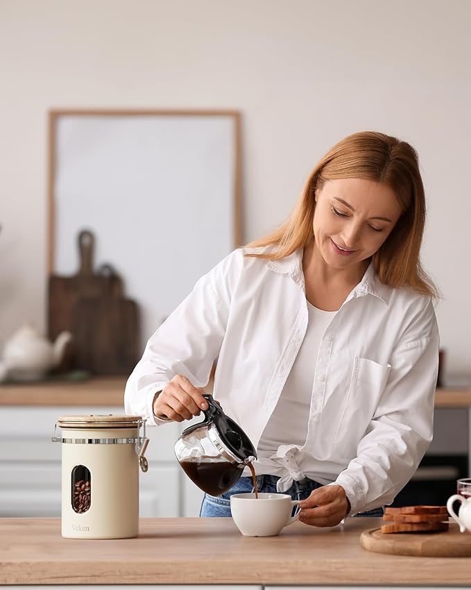 Veken Coffee Sugar Canister with Window, Mothers Day Gifts For Women,Airtight Stainless Steel Kitchen Food Storage Container, Date Tracker & Scoop for Grounds Coffee, Beans,Tea,Flour,Cereal,22OZ,Cream - Image 7