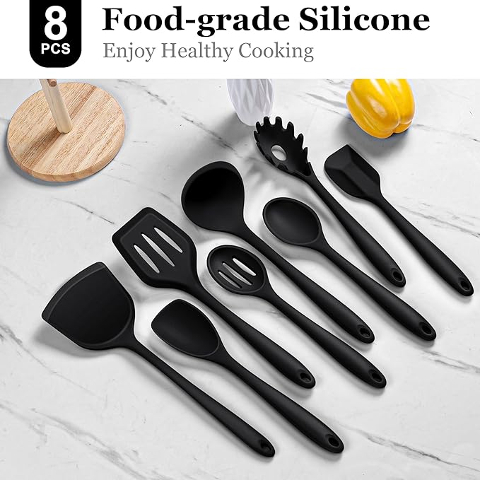 LIANYU 8Pcs Cooking Utensils Set, Heat Resistant Kitchen Utensils, Silicone Utensils Spatula Set for Nonstick Cookware with Spatula, Ladle, Turner, Spoon, Dishwasher Safe, Black - Image 3