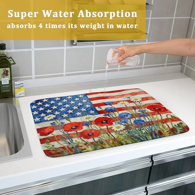 Patriotic American Flag Dish Drying Mat for Kitchen Counter 18x24 4th of July Red Blue White Floral Rustic Absorbent Reversible Microfiber Drying Mats Kitchen Countertop Protector Dishes Drainer Pad - Image 7