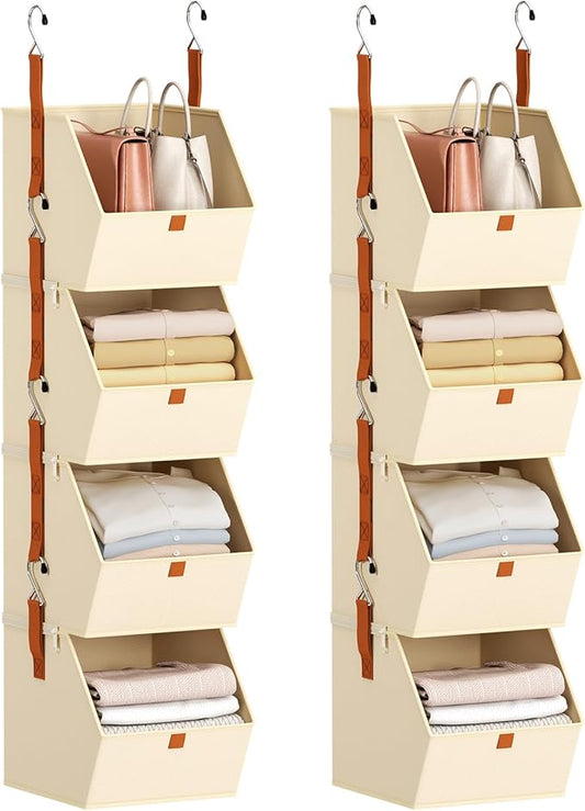 Homsorout Hanging Closet Organizer 4 Tier - Clothes Hanging Shelves, Space-Saving Closet System, Fabric Storage Bins Bedroom Organization, Collapsible Baskets for Home, Dorm, Rv, Beige, 8 Pack