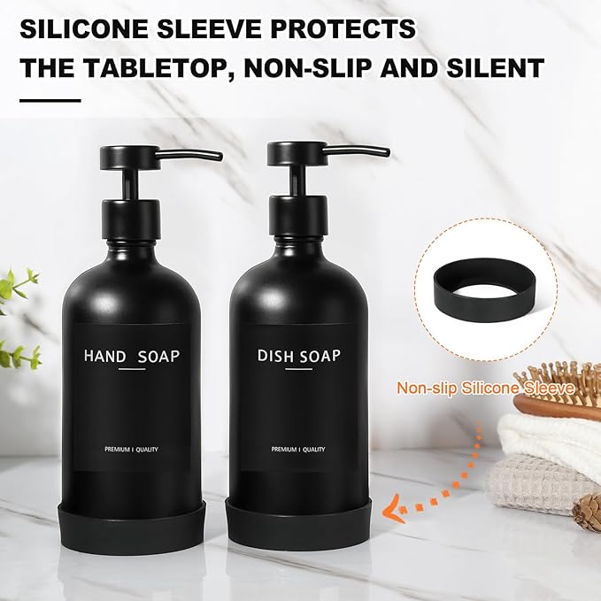 Black Glass Soap Dispenser with Stainless Steel Pump, 16.9 Fl oz Soap Dispenser Set for Kitchen, Matte Black Hand Dish Soap Dispensers for Kitchen and Bathroom, Lotion Dispenser Bathroom Decor - Image 5
