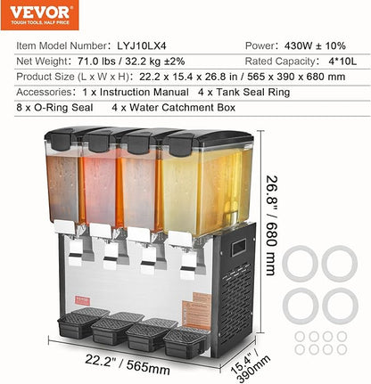 VEVOR Commercial Beverage Dispenser, 4 Tanks 10 L / 10.6 QT Per Tank Juice Dispenser, 430W Stainless Steel Ice Tea Drink Machine with 45°F-54°F Cooling Temperature, for Cold Drink Restaurant Bar Party - Image 7