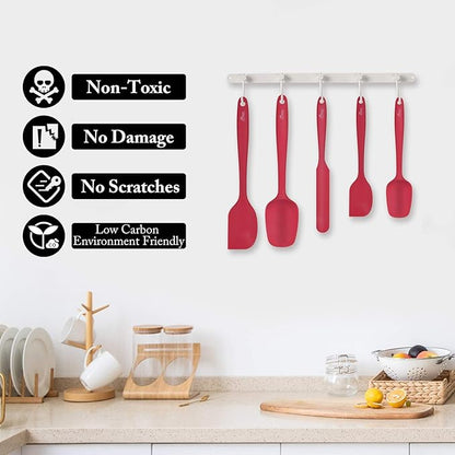 HOTEC Heat Resistant 600℉ BPA-Free Silicone Rubber Spatula Set, Kithchen Cooking Spatulas, Baking, Mixing, for Non Stick Cookware, Dishwasher Safe, Red Set of 5 - Image 5