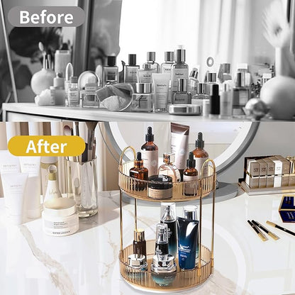 Asayuee 360 Rotating Gold Makeup Organizer,2 Tier Large Capacity Rotating Makeup Organizer,SkincarePerfume Organizer,Bathroom Cosmetics Storage Organizer Countertop (Gold-2 Tier) - Image 5