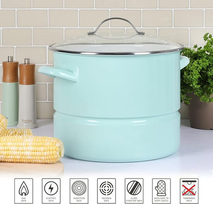 Martha Stewart Thayer 16-Quart Enamel On Steel Scratch Resistant Steamer Stock Pot w/Stainless Steel Insert - Martha Blue