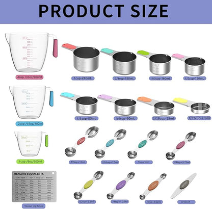 Magnetic Measuring Cups and Spoons Set, 5 Stainless Steel Measuring Cups for Dry and Liquid Ingredients, 7 Magnetic Measuring Spoons, 3 Plastic Measuring Cup with 1 Measuring Conversion Chart - Image 2