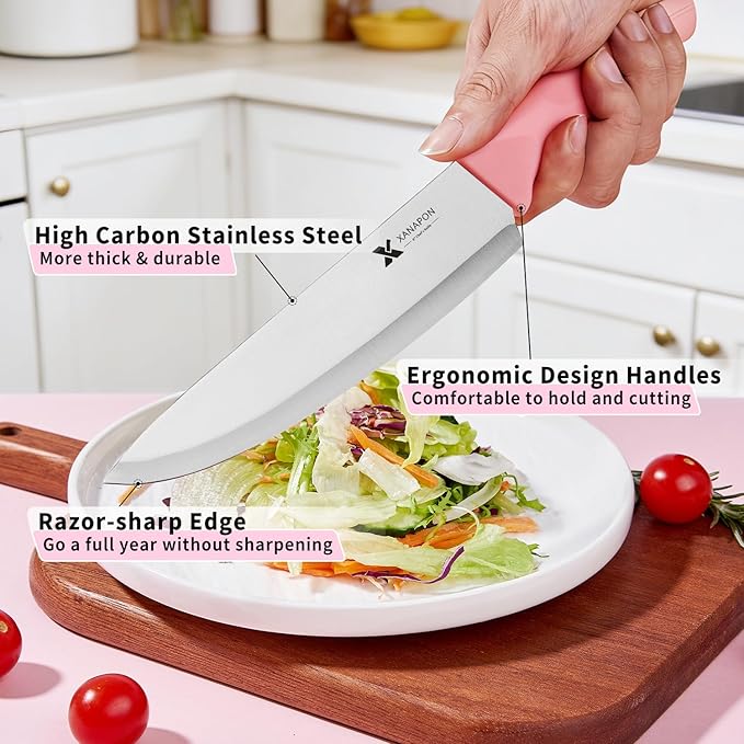 XANAPON 14-Piece Kitchen Knife Set with Block, High Carbon Stainless Steel Sharp Chef Knives with Built-in Sharpener, Ergonomic Handles, Professional Cutlery for Home Cooking & Gifts, Pink - Image 3