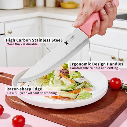 XANAPON 14-Piece Kitchen Knife Set with Block, High Carbon Stainless Steel Sharp Chef Knives with Built-in Sharpener, Ergonomic Handles, Professional Cutlery for Home Cooking & Gifts, Pink - Image 3