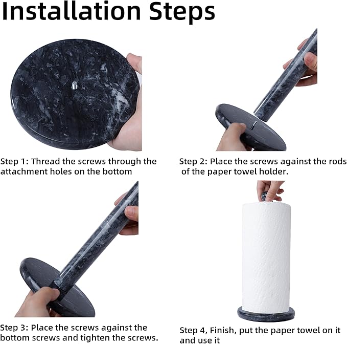 Natural Marble Paper Towel Holder for Kitchen Countertop - 2.6 lbs Heavy Duty Weighted Base for One-Handed Tearing -Fits Extra-Large & Jumbo Rolls - Elegant Modern Design with Ball Top - Black