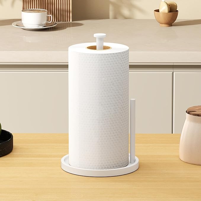 Paper Towel Holder Countertop, Standing Paper Roll Holder with Anti Slip Weighted Base, Stainless Steel Freestanding Paper Towel Holder for Kitchen, White - Image 7